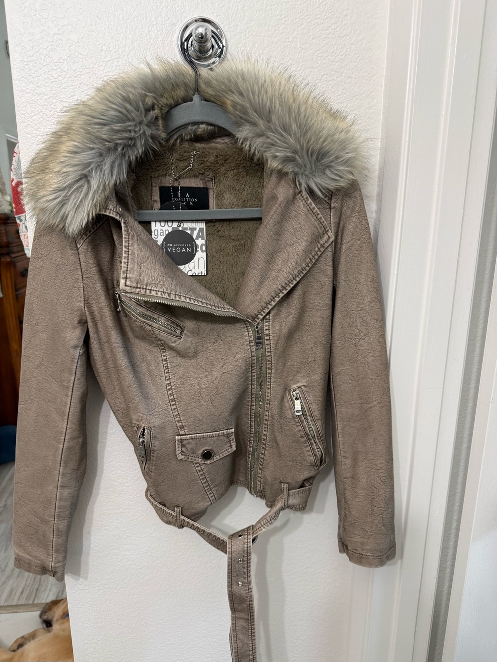 LA Coalition Taupe Faux Vegan Leather Moto Jacket with Fur Trim